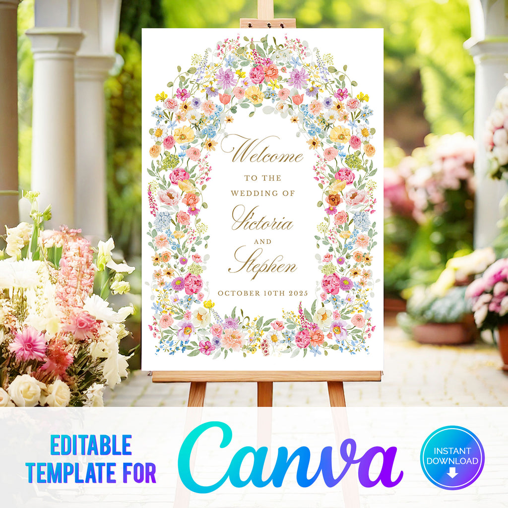 digital template for a wedding welcome board with brightly a coloured floral arch 