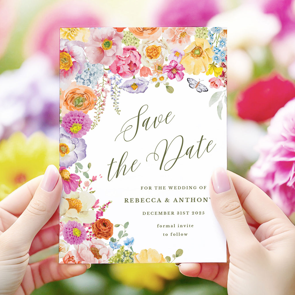 save the date with summer colourful flowers and a butterfly