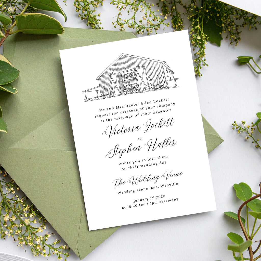 wedding invitation with a venue illustration sketch