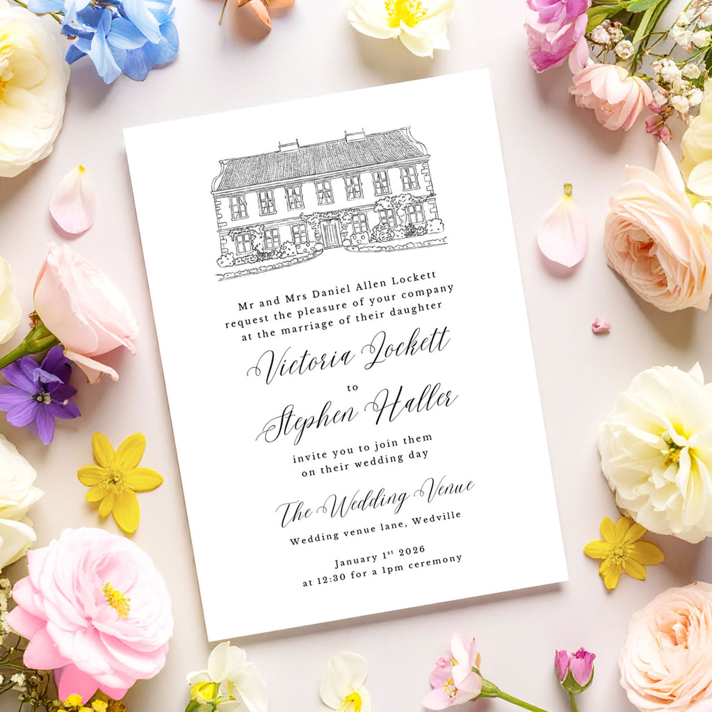 wedding invitation with a venue illustration sketch