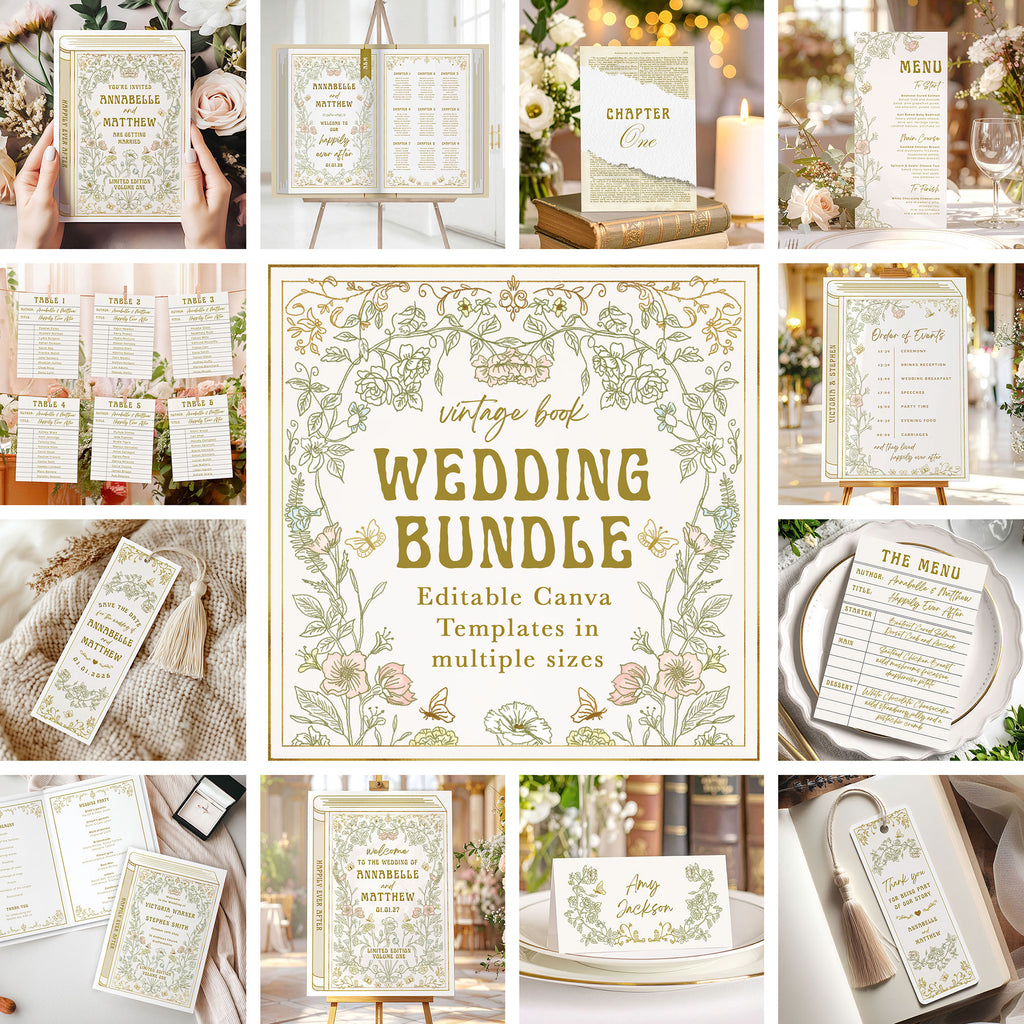 printable wedding bundle for vintage book themed wedding stationery 