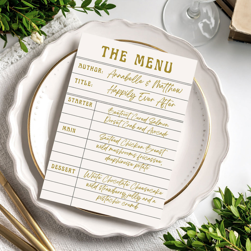 library card themed menu card in gold