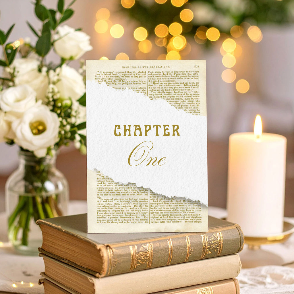 book themed wedding table number in gold. Chapter One