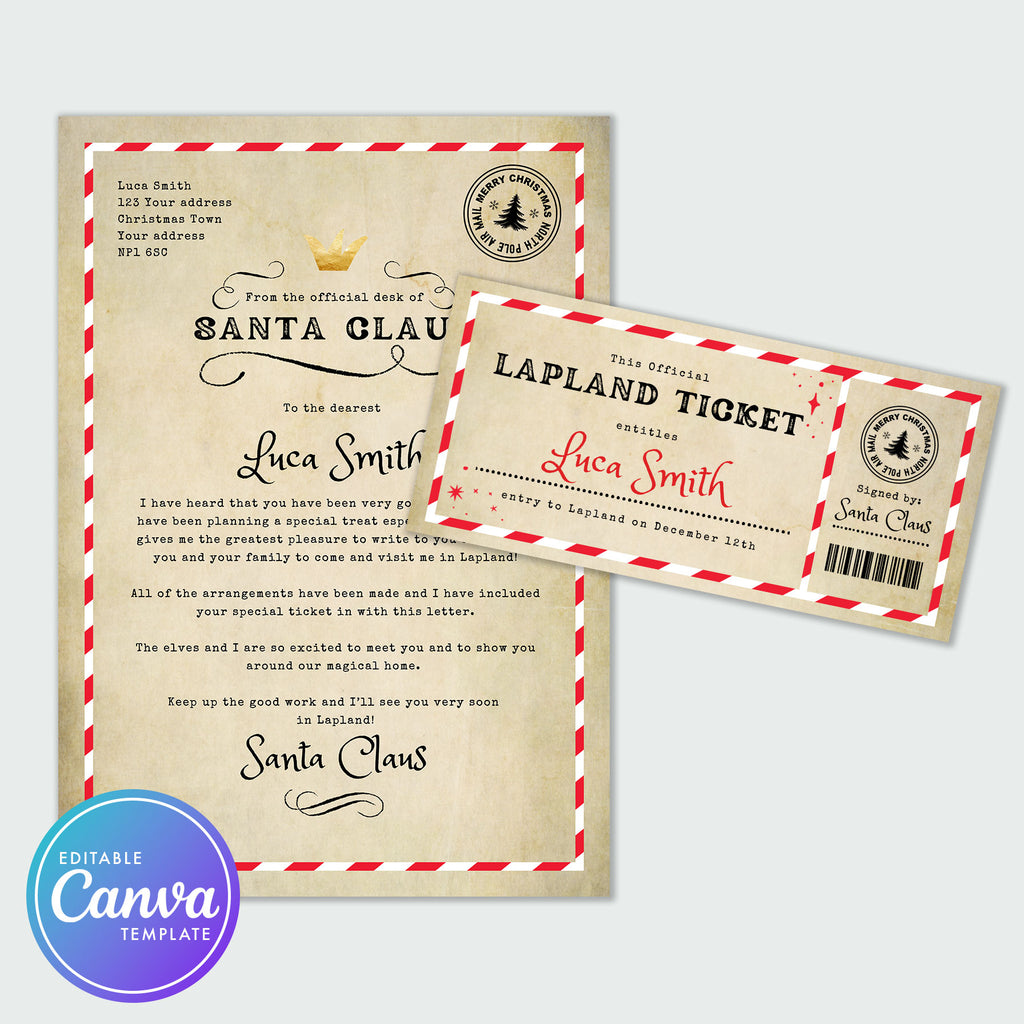 letter from santa and lapland ticket on a vintage kraft background 