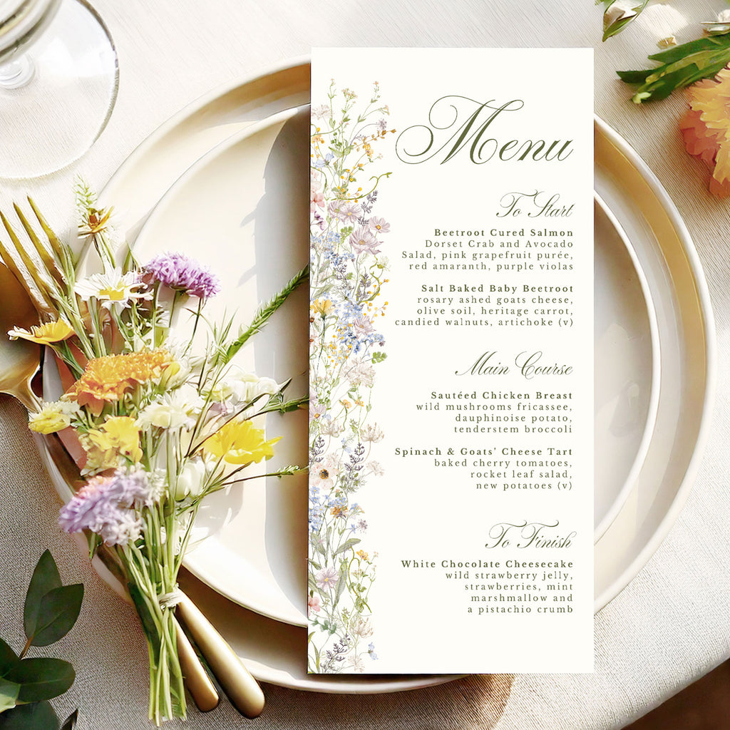 wedding menu with pastel wildflowers and elegant green text