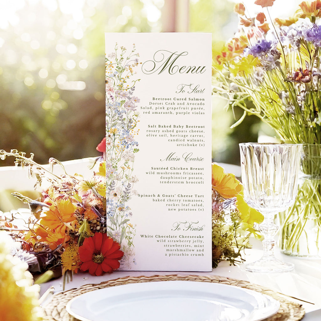wedding menu with pastel wildflowers and elegant green text