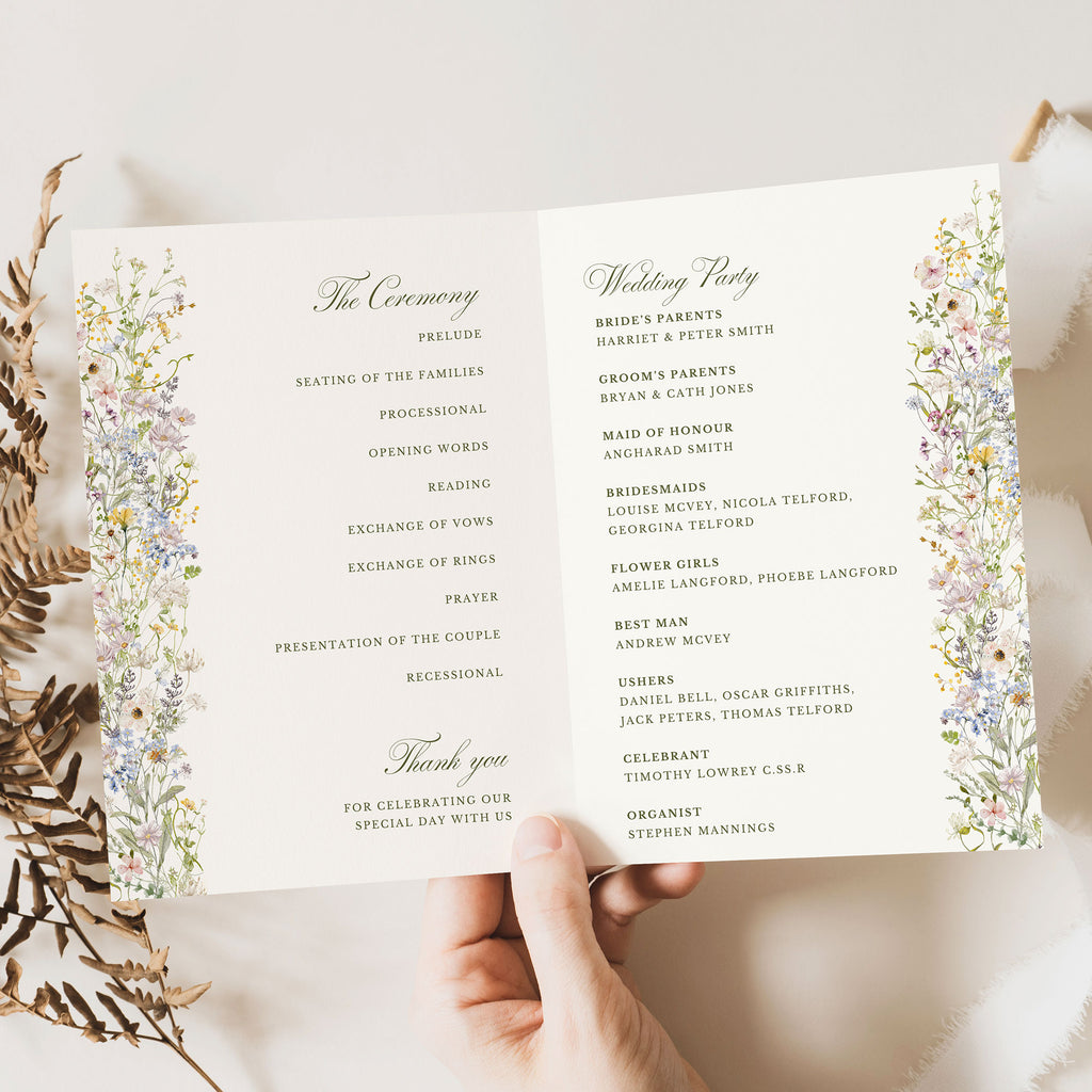 wedding order of service with pastel wildflowers and elegant green text