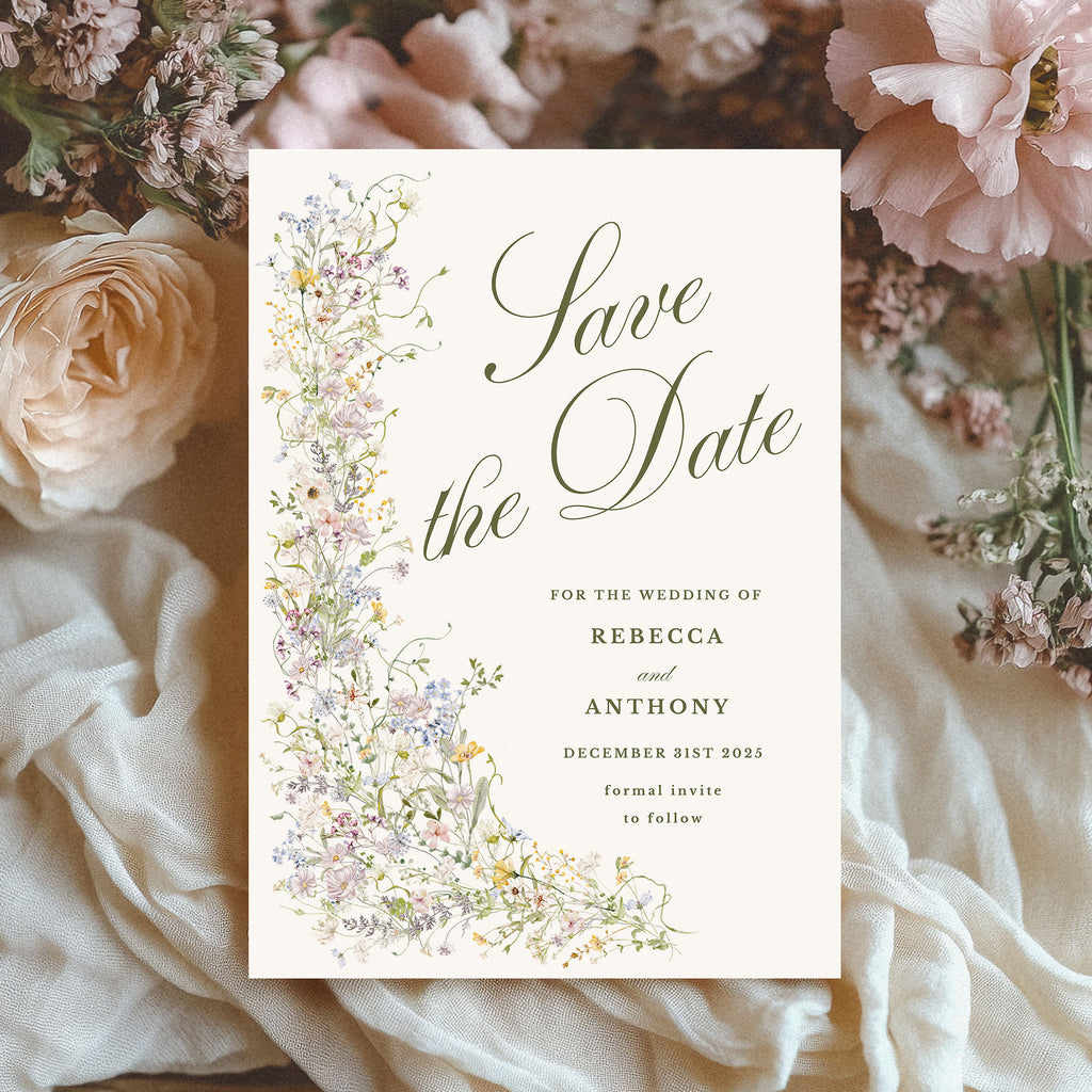 save the date with pastel wildflowers and elegant green text