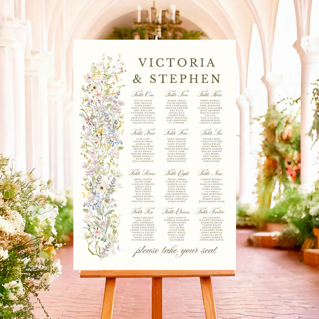 table plan with pastel wildflowers and elegant text