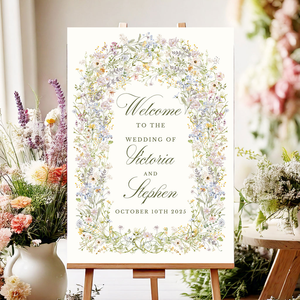 wedding welcome sign with a pastel wildflowers arch