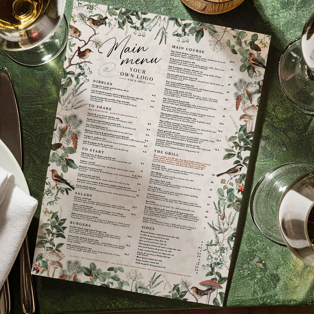 winter themed restaurant menu design with foliage and birds